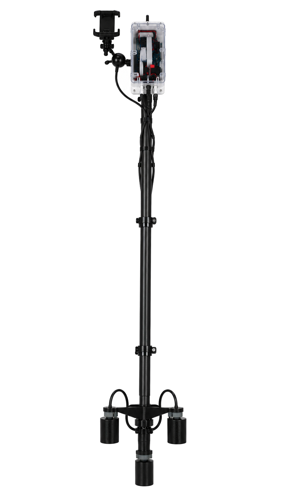 The DeepWhale quick-dip pole: phone mount, electronics enclosure, and four-hydrophone array.